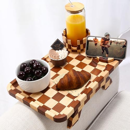 Nnewvante Couch Armrest Tray,3 in 1 Large 15.36"x9.85" Rubberwood Sofa Arm Cup Holder Clip on Side Table with 360°Rotated Phone/Drink Holder - color: Checkered