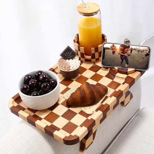 Nnewvante Couch Armrest Tray,3 in 1 Large 15.36"x9.85" Rubberwood Sofa Arm Cup Holder Clip on Side Table with 360°Rotated Phone/Drink Holder - color: Checkered