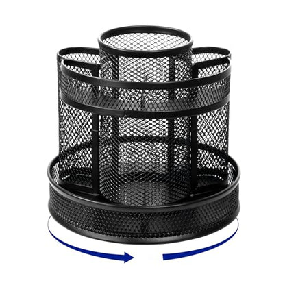 Comix 360° Rotating Pen Holder for Desk, 9 Compartments Office Desk Organizer, Black Mesh Metal Pencil Holder Cup for Office Home School - color: B2051