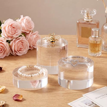 Geelin 9 Pcs Acrylic Risers Stand Display Block Decor Riser 3 Size Decor Clear Polished Cube Solid Pedestal Stand for Jewelry Perfume Photography Collection Food Doll Wedding High Density (Round) - style: Round
