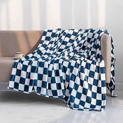 LOMAO Throw Blankets Flannel Blanket with Checkerboard Grid Pattern Soft Throw Blanket for Couch, Bed, Sofa Luxurious Warm and Cozy for All Seasons (Navy, 50"x60") - color: Navy, size: 50"x60"