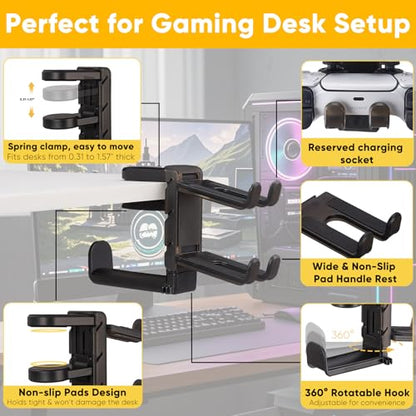 3 in 1 Under Desk Headphone Hanger with Adjustable Clamp Mount, 2 Controller Slots & 1 Headset Universal Holder Stand, Rotatable Hook Rack & Cable Organizer, for Home Gaming Xbox ps5 - Black - size: Black - 1 Headphone & 2 Controllers