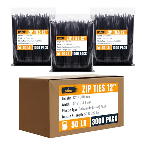 ALBO Zip Ties Black 12 Inch 3000 Pack 50 lb, Long Plastic Cable Ties Thick 0.19 Inch Tie Wraps Heavy Duty UV Resistant Nylon Wire Ties for Indoor and Outdoor / 12х3000 - size: 12" Black 3000 Pack 50lb