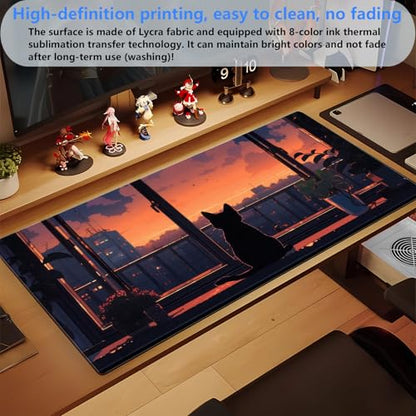 Anime Cat Sunset Desk Mat, Cozy Window View Large Mouse Pad 31.5x15.7 in | Cozy anime cat sunset desk pad with 3mm plush cushion, smooth fabric top, and non-slip rubber core. - color: Lofi Cat