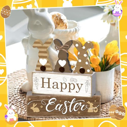4 Pcs Easter Table Decor Happy Easter Neutral Bunny Tiered Tray Decorations Set Spring Cute Bunny Rabbit Rustic Farmhouse Wooden Stack Block Signs Party Tabletop Decor for Home Office Gift - style: Happy Easter