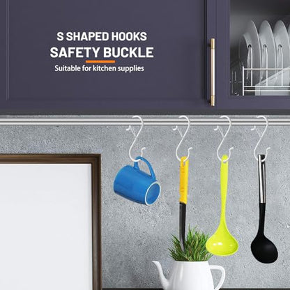 12 PCS S Hooks for Hanging with Safety Buckle | 3.5 inch Heavy Duty Metal S Shaped Hooks Stainless Steel for Hanging Kitchen Utensil, Cups, Pots, Plants, Bags, Hats (White) - color: White