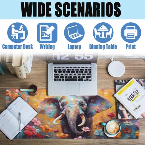 XL Mouse Pad,Elephant in Flower Blossom Large Gaming Mouse Pad,Cute Elephant Floral Desk Mat,Extended Big Computer Keyboard Desk Pad with Non-Slip Base and Stitched Edge 31.5"x11.8" - color: Elephant in Flower Blossom, size: XL-31.5"x11.8"