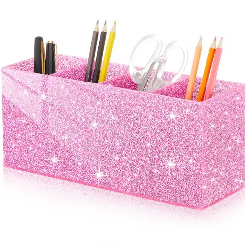 Jetec Acrylic Glitter Pink Pen Holder 4 Compartments Bling Makeup Brush Stationery Organizer Pencil Holder for Desk Accessories Sparkly Gifts for Women Back to School Birthday Desktop Workplace Office - color: Glitter Pink