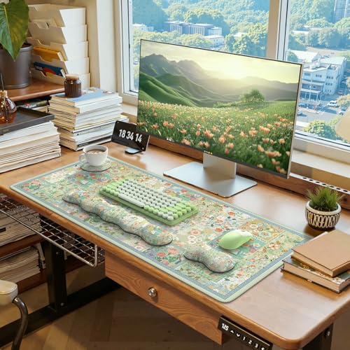 iLeadon Mouse Pad and Keyboard Wrist Rest, Large Computer Desk Mat, Mouse Pad Set with Wrist Pad for Keyboard, Cute Green Desk Pad Mat with Non Slip Base Office Home(Floral) - color: Green