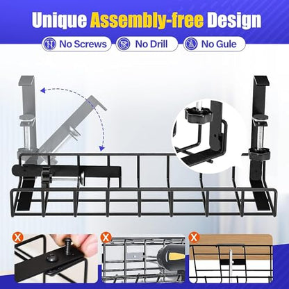 Under Desk Cable Management Tray 2 Pack, Xpatee Wire Management No Screws, Cable Tray with Clamp for Wire Management, Computer Code Rack for Office, Home - No Damage to Desk Black - color: Black