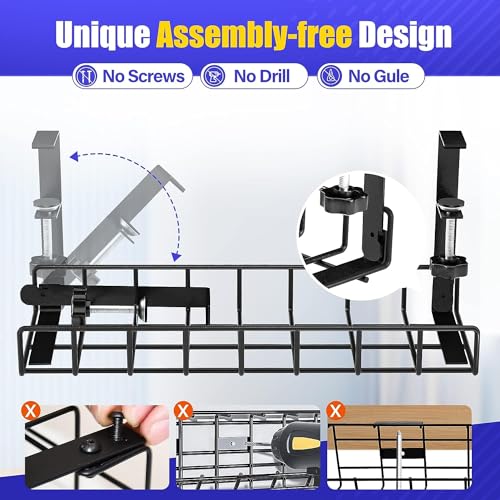 Under Desk Cable Management Tray 2 Pack, Xpatee Wire Management No Screws, Cable Tray with Clamp for Wire Management, Computer Code Rack for Office, Home - No Damage to Desk Black - color: Black
