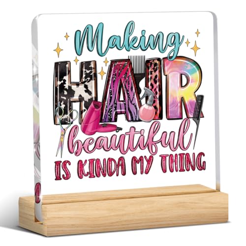 Pink Hair Salon Decor, Hairdresser Gifts, Salon Decor for Hair Stylist, Birthday Thank You Gift for Hairstylist Women, Making Hair Beautiful Acrylic Sign Barber Shop Desk Shelf Decoration - color: Making Hair Beautiful Is Kinda My Thing