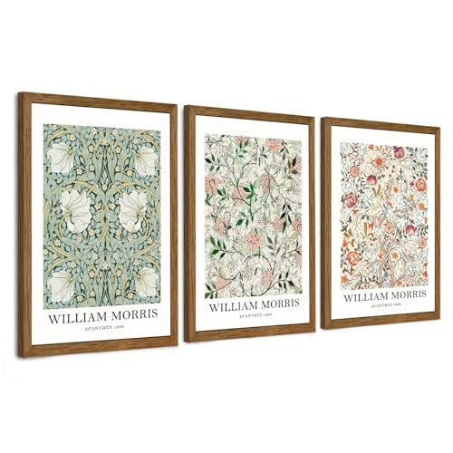 InspiredHues 3 Pieces William Morris Classic Canvas Wall Art, Green Pink and White Floral Design Wall Decor, Vintage Botanical Art Prints for Living Room Office Home Decoration 16x24 inch Wood Framed - color: Morris, size: 24"L x 16"W