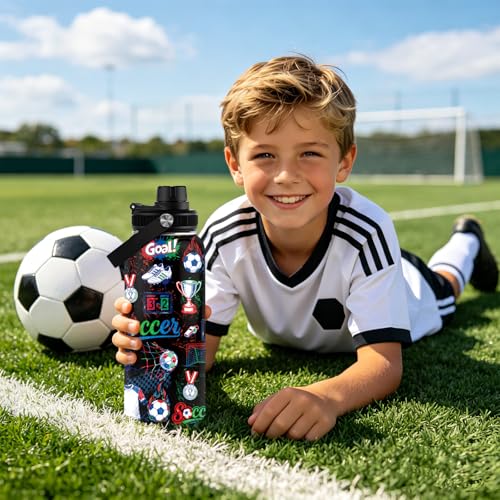Soccer Water Bottle with Lid - Gift for Soccer Coach Player Fan - 32oz Insulated Stainless Steel Sport Bottles for Women Men Teens - color: Soccer