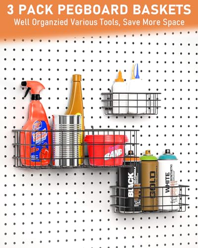INCLY 1/4“ Extra Thick Pegboard Accessories Kit, 100PCS Heavy Duty Metal Peg Board Hook Assortment with 3 Sizes Basket S/M/L Fit 1/4 Inch Pegboard for Garage Wall Organizer Hanging Tools