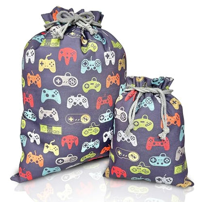 Gather & Knot Drawstring Gift Bags | 20" Large 12" Small | Premium Canvas | Reusable Fabric Wrap for Boys Birthdays, Baby Shower | Gamer - color: Gamer