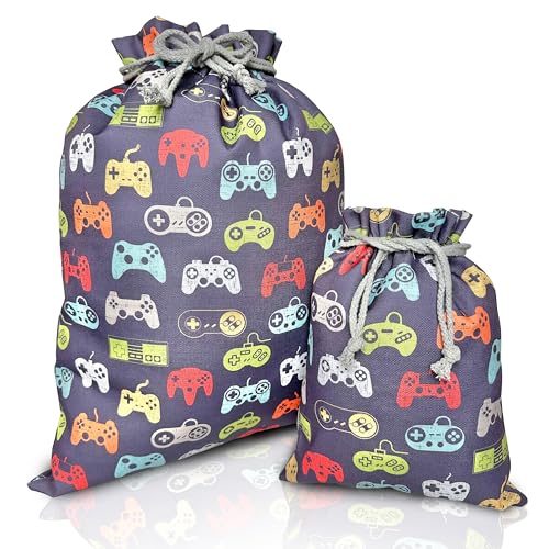 Gather & Knot Drawstring Gift Bags | 20" Large 12" Small | Premium Canvas | Reusable Fabric Wrap for Boys Birthdays, Baby Shower | Gamer - color: Gamer