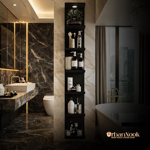 7 Tier Wall Shelf Unit,Black Lack Wall Shelf,Display Floating Shelf with LED Remote Control Light - color: Black