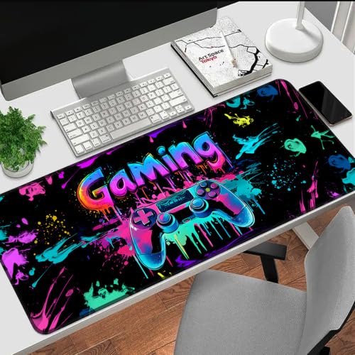 Gaming Mouse Pad, X-Large Waterproof Blacklight Colorful Splatter Art Game Controller Non-Slip Rubber Base Mousemat, Glow in the Dark Desk Mat for Office Home - 31.5 x 11.8 inches - color: Gamer A