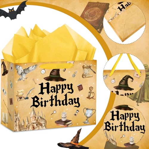 Hooqict Magical Wizard Gift Bag Happy Birthday Gift Wrapping Bag with Handles, Tissue Paper and Greeting Cards for Kids Girls Boys Wizard Birthday Party Supplies Halloween Party Favors - color: Magical Wizard
