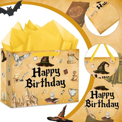 Hooqict Magical Wizard Gift Bag Happy Birthday Gift Wrapping Bag with Handles, Tissue Paper and Greeting Cards for Kids Girls Boys Wizard Birthday Party Supplies Halloween Party Favors - color: Magical Wizard