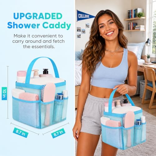 Attmu Mesh Shower Caddy Portable for College Dorm Room Camping Essentials, Shower Caddy Dorm with 9-Pockets, Large Capacity Hanging Basket Bathroom Bag for Toiletry, Swimming, Gym, Camp, Beach - color: Baby Blue