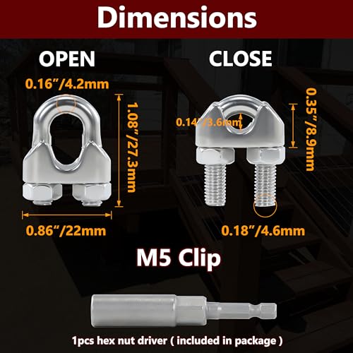 16PCS 3/16 to 1/4 Inches M5 Stainless Steel Wire Rope Clips Cable Clamp - size: 16 M5 Clips,1 Nut Driver