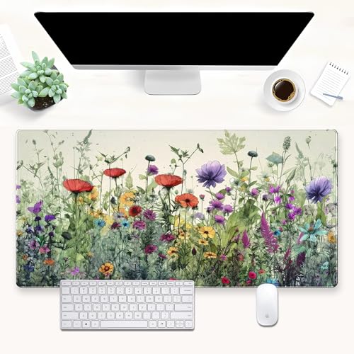 Floral Desk Pad Mat Watercolor Flowers Desk Mat XL Large Gaming Mousepad Extended Aesthetics Laptop Computer Keyboard and Mouse Pad Office Desk Decor for Women 31.5 x 15.7 in - color: Flower Weeds