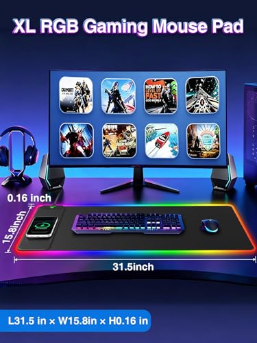 XXL RGB Gaming Mouse Pad with 15W Magnetic Wireless Charging, 31.5'' x 15.8'' Extra Large LED Mousepad, 24 Lighting Effects Desk Mat with Non-Slip Rubber Base, Waterproof Ultra-Smooth Surface - color: RGB-31.5"x15.8"