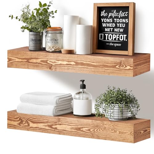 24x3x7 inch Floating Shelves Wall Mounted - Set of 2 Wood Rustic Solid Wood Wall Shelf - Heavy Duty Decorative Fireplace Mantel for Living Room, Bedroom, Bathroom, Kitchen - color: Wood, size: 24x3x7-hollow-2pack