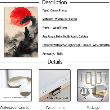 HQLLingArt Japanese Samurai Wall Art Picture Red Sun and Dragon with Samurai Poster Canvas Prints Modern Artwork Framed Ready to Hang(12''W x 16''H) - color: samurai art-18, size: 12"L x 16"W