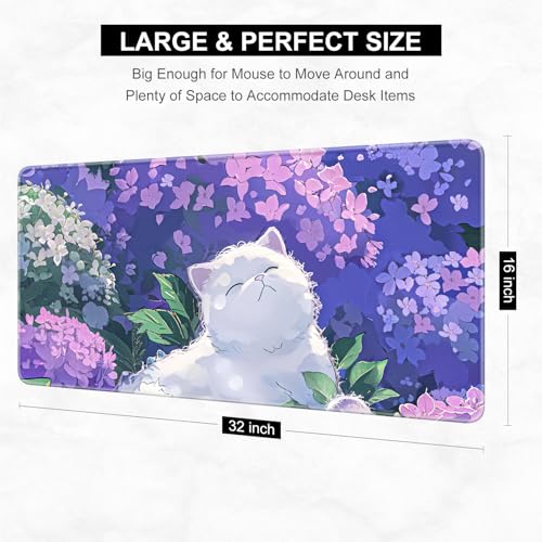 Desk Pad, 32" x 16" XXXL Extended Large Gaming Mouse Pad, Desktop Decor Desk Mat, Men Women Office Supplies and Accessories, Cute Anime Mouse Mat for Laptop & Keyboard, Hydrangea Cat - color: Anime Hydrangea Cat
