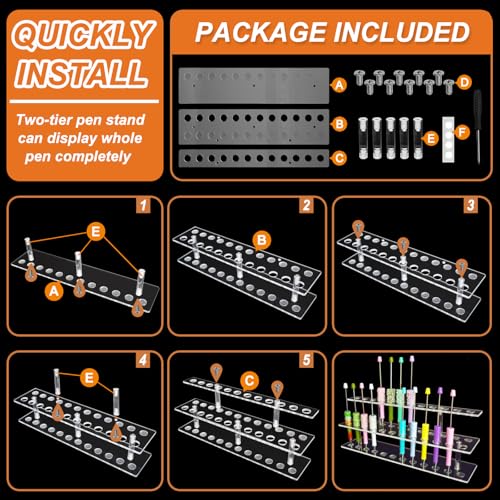Acrylic Pen Display Stand 24 Slots 1.5cm Clear Pen Stand Display 2 Tier Acrylic Pen Holder Stand for Beadable Pen Pencil
