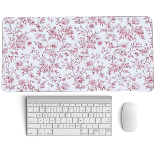 Pink Chinoiserie Mouse Pad,Vintage Pink and White Floral Desk Mat,XL Large Vintage Flowers Preppy Mouse Pad,Girly Laptop Desk Mat for Dorm Home Office,23.6x11.8 Inch - color: L Pink Floral