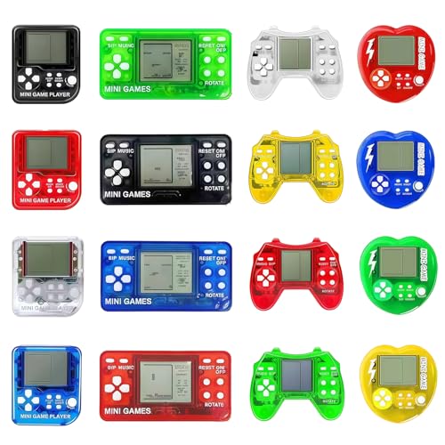 Sezua Mini Video Game Keychains - 16 Pack Assorted Shapes and Colors, Portable Handheld Game Devices for Kids, Party Favors, Classroom Rewards, Birthday Gift, Treasure Box Prizes, Backpack Accessories