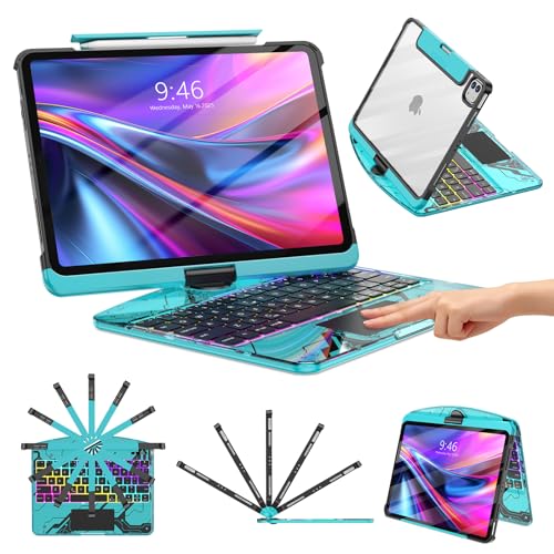TSQQST Clear Wireless Keyboard Case for iPad Pro 13 Inch M5/M4 2025/2024 with Pencil Holder & Multi-Touch Trackpad, Visible PCB High-Tech Style, 3-Brightness & 7-Color Backlight, 360 Rotatable, Blue - color: Clear+Blue, size: Pro13 M5/M4