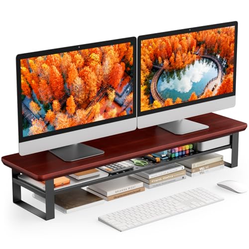 Dual Monitor Stand, 35.4 Inch Monitor Stand Riser for 2 Monitors, 2 Tiers Wood Desk Shelf with Storage, Desktop Organizer Stand for Computer, Laptop, Printer, TV - color: Reddish Brown, size: 35.4in