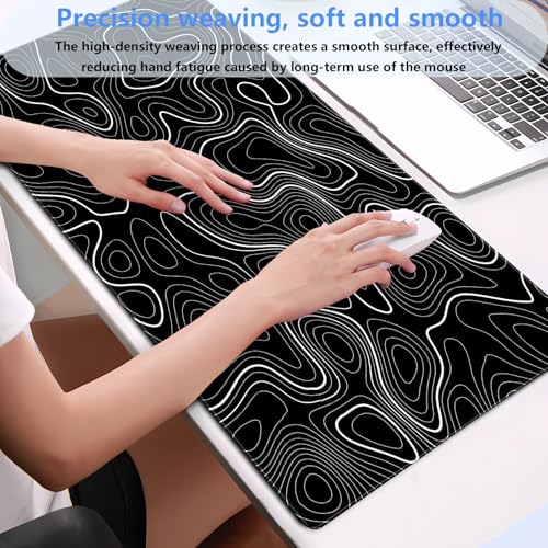 Extended Gaming Mouse Pad XL, Black Topographic Map Desk Mat, Non-Slip | High-performance XL gaming mousepad featuring an abstract contour line print and heavy-duty stitched edges. - color: Black Topographic