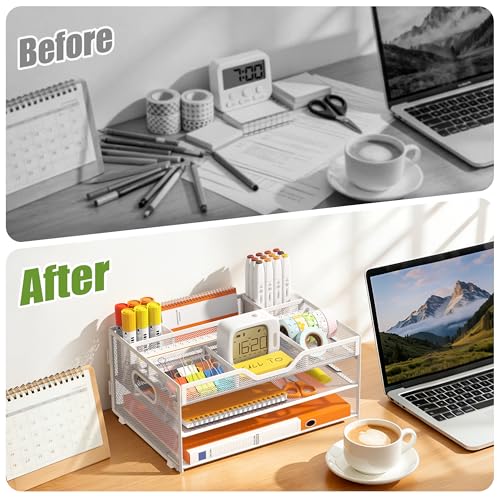 3 Tier Desk Orgnizers and Accessories, Metal Magazine File Holder with Pencil Holder and Handles, Space Saving Desk File Trays for School Office Supplies(White) - color: 3-tier-white