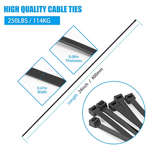 Armpow 24 inch Black Zip Ties Heavy Duty 50 PCS, 250 LBS Ultra Exclusive Strong Plastic Wire Ties, Large Cable Ties Extra Long Tie Wraps, Indoor and Outdoor UV Resistant - color: Black, size: 24 inch