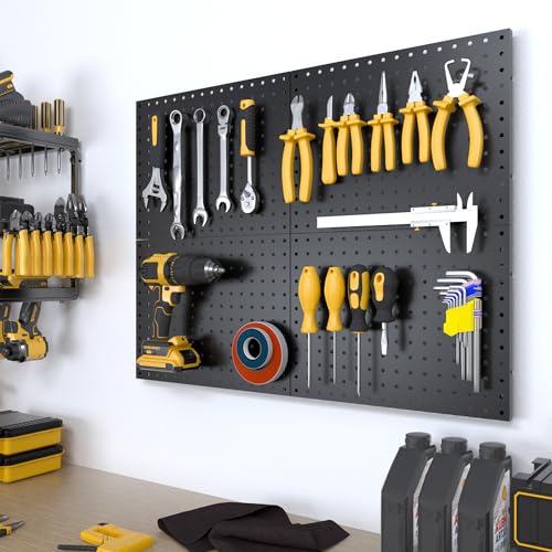 Spampur Peg Board, 4 Pack Metal Pegboard Panels Black Pegboards Wall Organizer, Tools Pegboard Storage System for Workbench, Garage Tool Storage, Office Organization, Wall Home, Craft Room - color: Black, size: 16x12''- 4 Pcs-without hooks