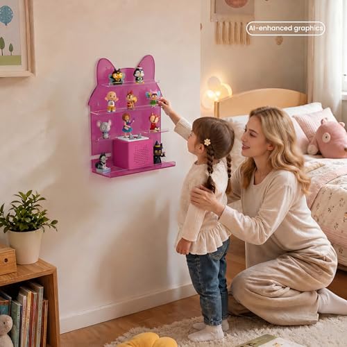 NIUBEE Tonies Shelf Non-Magnetic, Acrylic Wall Mount Floating Shelf, Tonies Storage with Anti-Fall Lip and Charging Cable Hole for Toniebox,for Kids Bedroom Playroom Decor - color: Pink