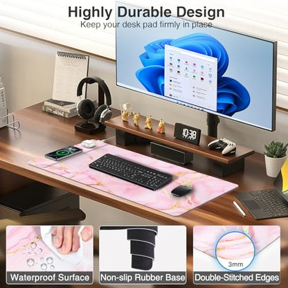 Pink Marble Mouse Pad with 15W Wireless Charging, 31.5"x15.8" Large Gaming Desk Pad/Mat for Women Girls, Waterproof Ultra-Smooth Surface, Non-Slip Base, with 20W PD Adapter - color: Pink Marble-31.5"x15.8"(with Wall Charger)