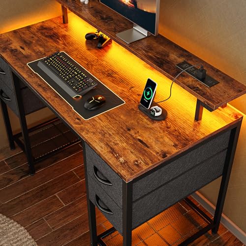 Huuger 47 inch Computer Desk with 4 Drawers, Gaming Desk with LED Lights & Power Outlets, Home Office Desk with Large Storage Space for Bedroom, Work from Home, Rustic Brown and Black - color: Rustic Brown With Black Drawers, size: 47 Inch