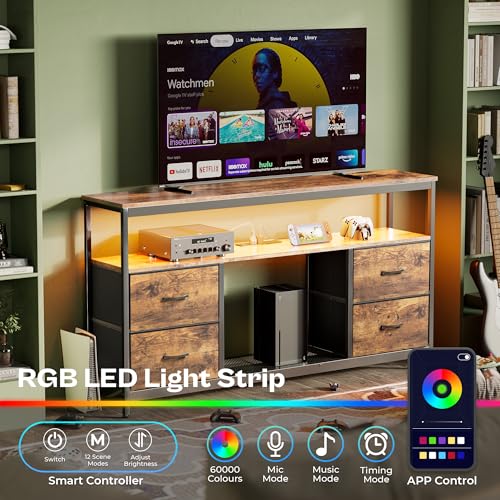 Huuger TV Stand Dresser with Power Outlets and LED Lights, 4 Drawers Entertainment Center with Shelves, 54 Inch Media Console for 55 60 Inch TV, 4 AC Outlets, 2 USBs, Rustic Brown - color: Rustic Brown, size: 54 Inches