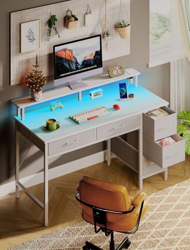 Seventable Computer Desk with Power Outlets & LED Light, 55 inch Home Office Desk with 5 Drawers, Writing Desk with Monitor Stand, Work Desk for Home Office, White - size: 55 inch