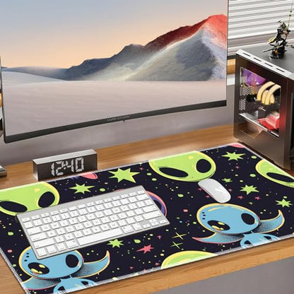 MTG Play Mat, 24" x 14" TCG Card Play Mat, Surface with Smooth Stitched Edge, with Storage Bag, Alien Theme - color: Cartoon Alien