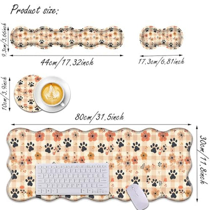 Bxgolkgd Desk Mat Set,Mouse Pad with Keyboard Wrist Rest & Mouse Wrist Rest,Wave-Shaped Design,Non-Slip Rubber Base,Ergonomic Desk Mat for Home,Office,Gaming,Flowers Dog Paw Prints - color: Flowers Dog Paw Prints