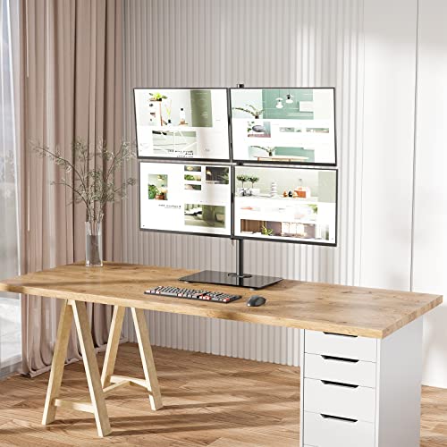 WALI Freestanding Quad Monitor Mount for 17-27 Inch Screens, Fully Adjustable 4 Monitor Stand with Swivel, Tilt, Rotation, Glass Base, Max Load 22 lbs per Arm (GMF004), Black - size: Quad, style: Glass Free Stand