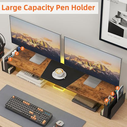 WESTREE Dual Monitor Stand Riser with Pen Holder, Computer Monitor Riser with Adjustable Angle and LED Light, Desktop Monitor Stand Riser Storage Organizer for Computer, Laptop, Printer, TV(Rustic Brown)